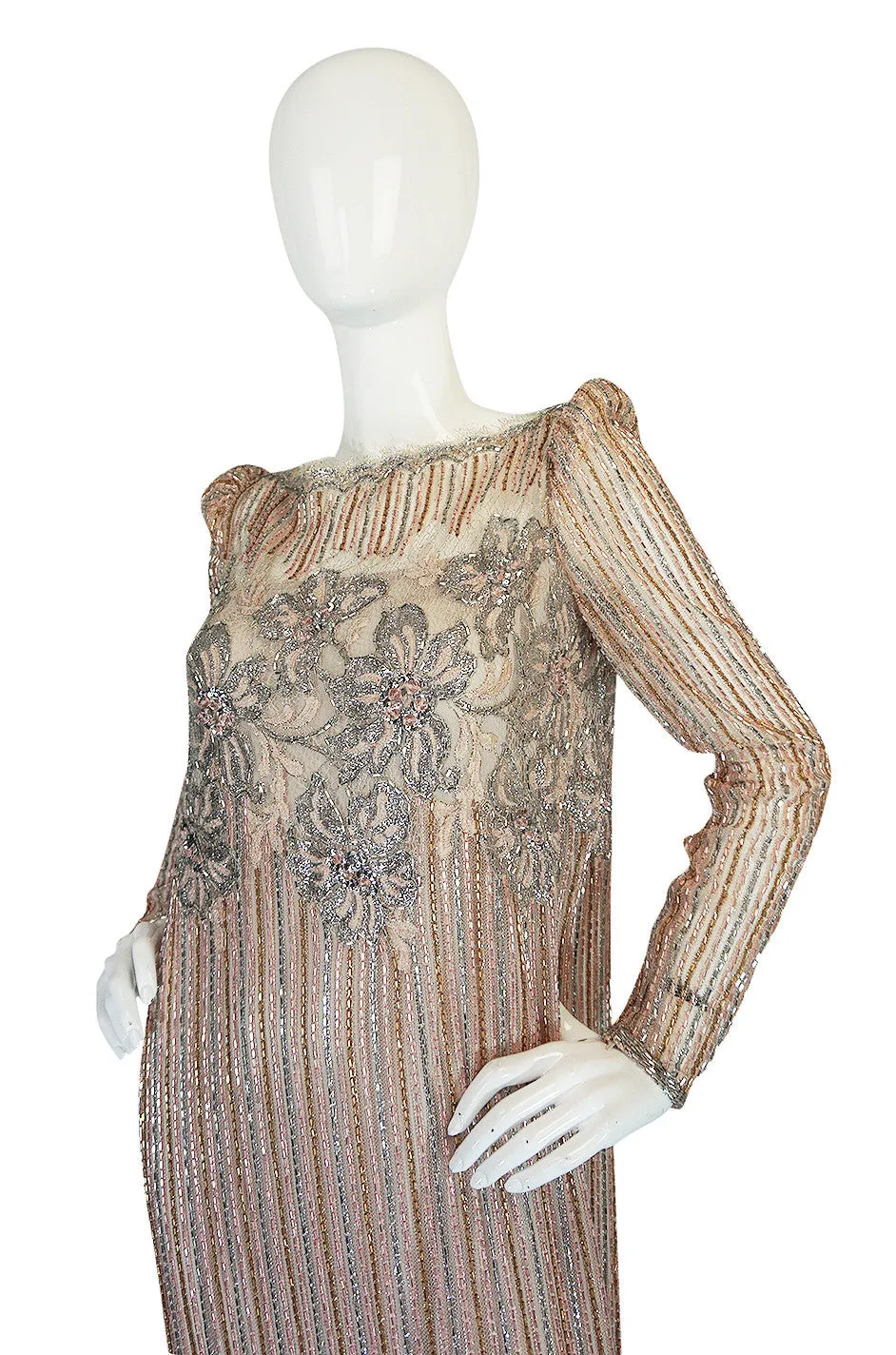 1980s Fernando Pena Gold & Pink Bead Sequin & Net Dress