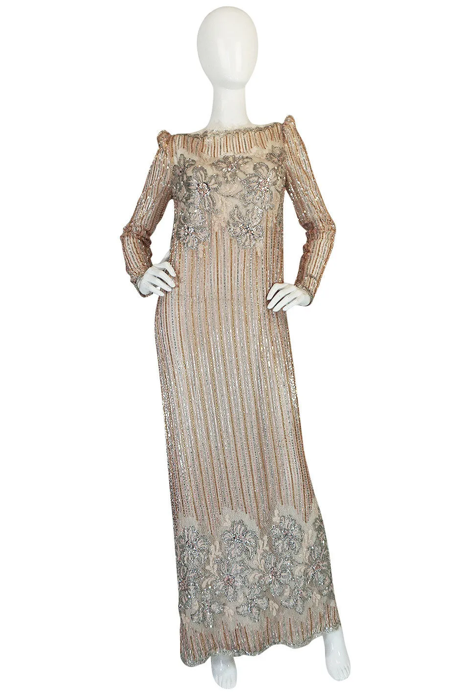 1980s Fernando Pena Gold & Pink Bead Sequin & Net Dress