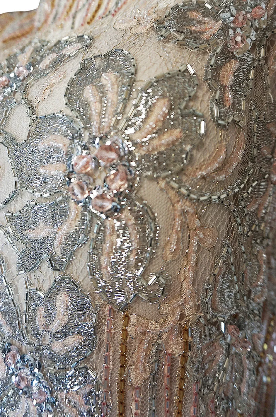 1980s Fernando Pena Gold & Pink Bead Sequin & Net Dress