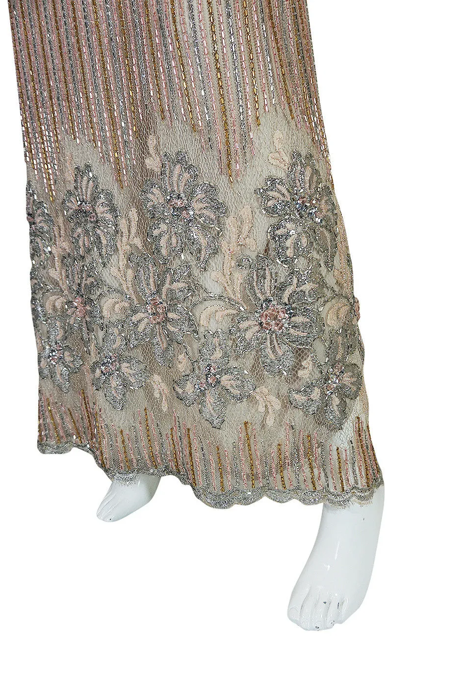 1980s Fernando Pena Gold & Pink Bead Sequin & Net Dress