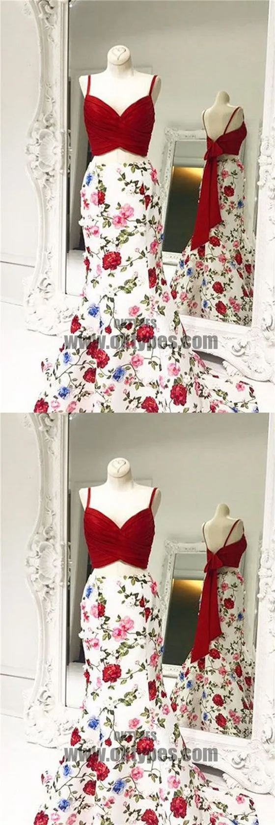 2 pieces Spaghetti Red Top Floral Mermaid Skirt Prom Dresses, Popular Prom Dresses, TYP0454