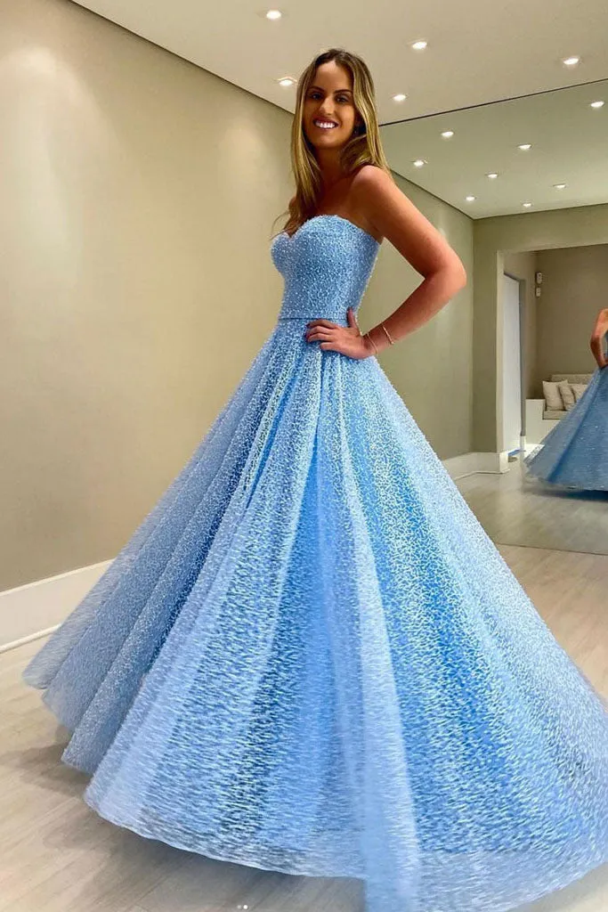 A Line Blue Lace Strapless Long Prom Dress. Sweetheart Formal Evening Dress OK1191