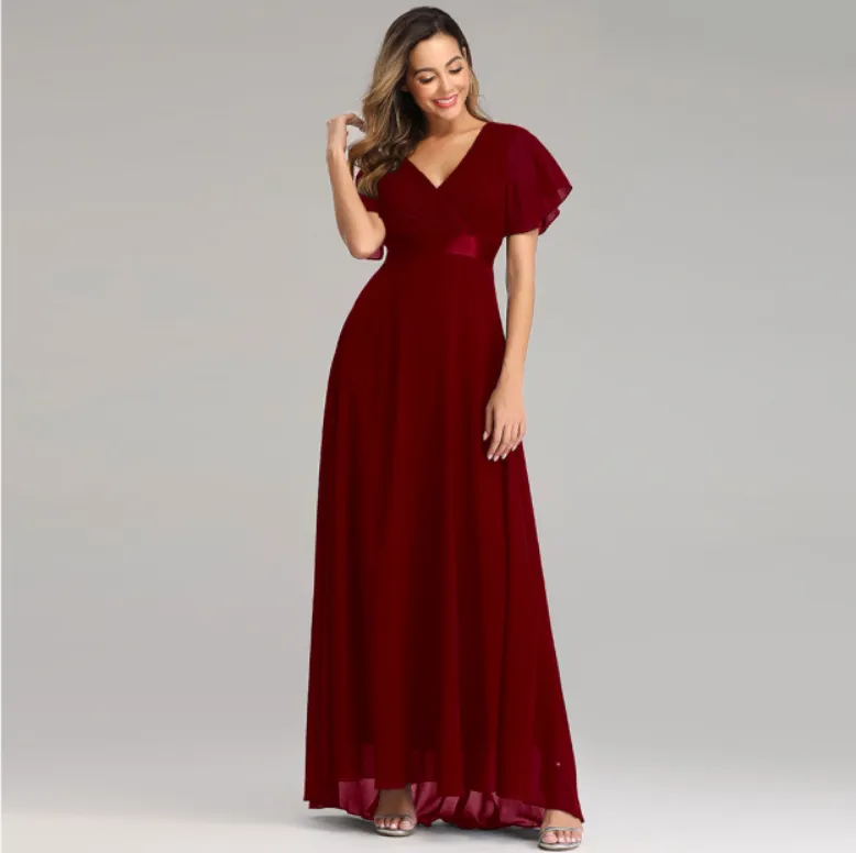 A Line Chiffon Short Sleeves Long V Neck Prom Dress XU90812