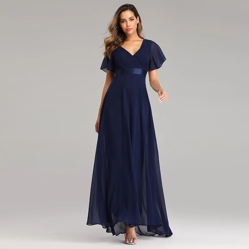 A Line Chiffon Short Sleeves Long V Neck Prom Dress XU90812