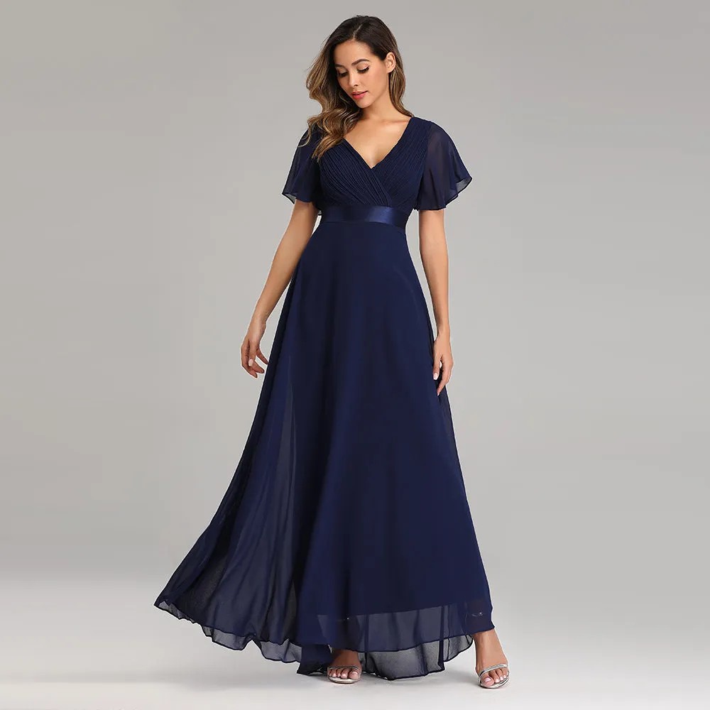 A Line Chiffon Short Sleeves Long V Neck Prom Dress XU90812