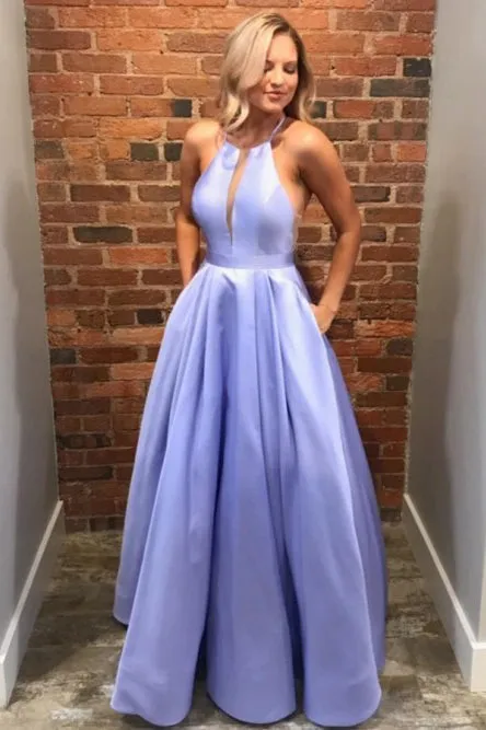 A-Line Crew Floor Length Lilac Satin Prom Dresses with Pockets OKN19