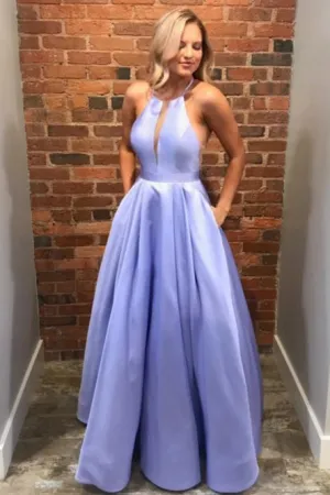 A-Line Crew Floor Length Lilac Satin Prom Dresses with Pockets OKN19