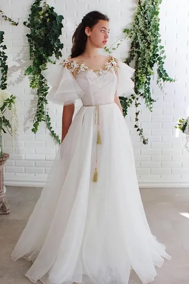 A-line Off White Short Sleeves Long Prom Dress Organza Evening Dress OKS57