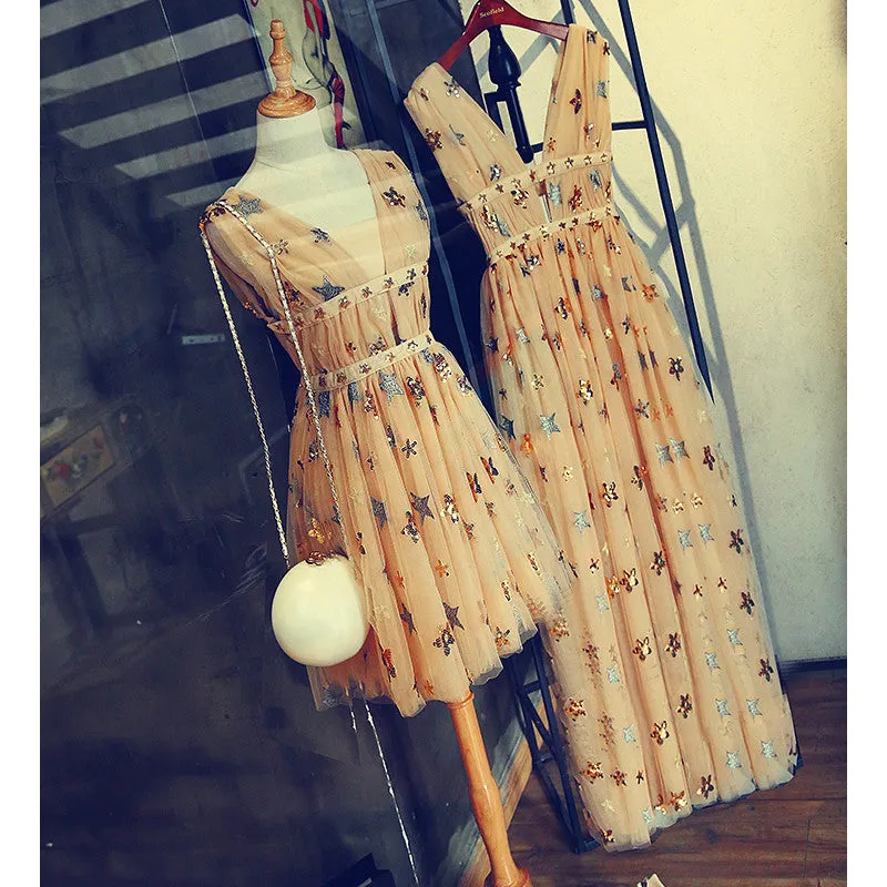 A-Line Short Tulle Sleeveless Stars V Neck Homecoming Dresses OKC99