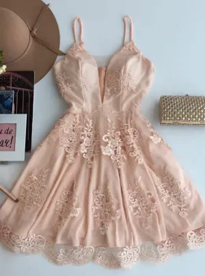 A-Line Spaghetti Straps Prom Dress,Short Tulle Homecoming Dress with Appliques OK493