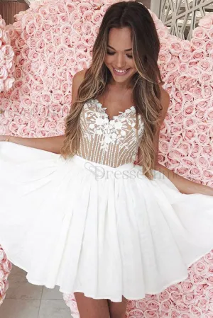 A-Line Spaghetti Straps White Homecoming Dresses with Lace Appliques OKM5