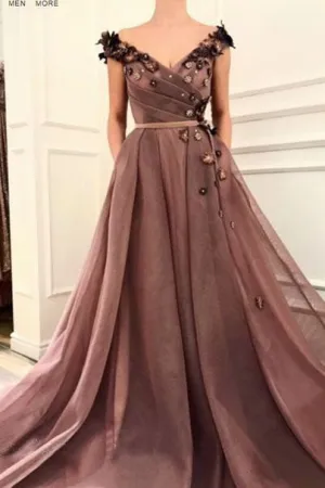 A Line V Neck Cap SleevesBrown Long Flowers Prom Dress With Pockets OKR10