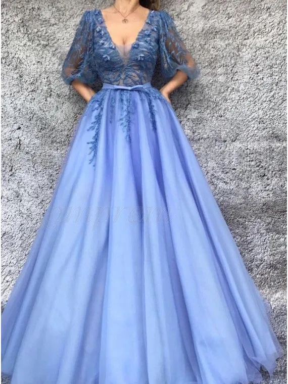 A-line V-Neck Half Sleeves Tulle Prom Dress with Appliques OKQ94