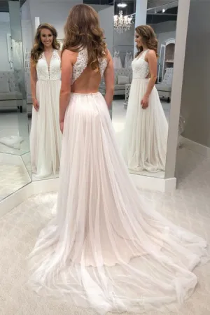 A-Line V-Neck Open Back Tulle Wedding Dresses with Lace Bodice OKK46