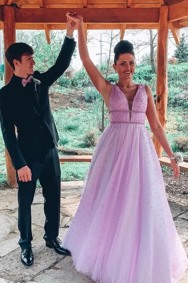 A-line V Neck Sexy Long Lilac Prom Dress OKS20