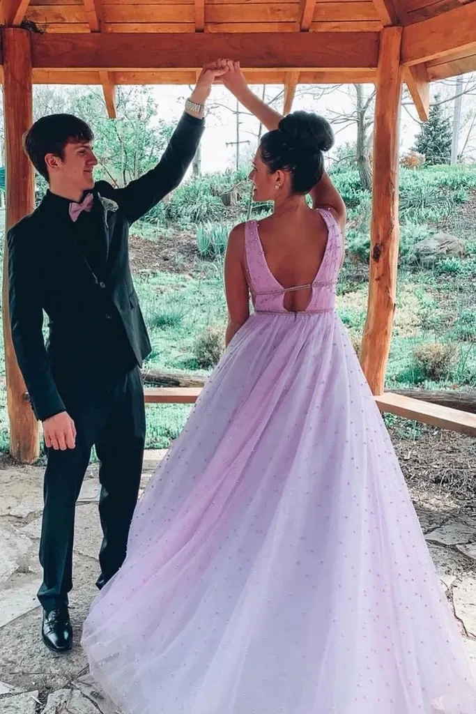 A-line V Neck Sexy Long Lilac Prom Dress OKS20