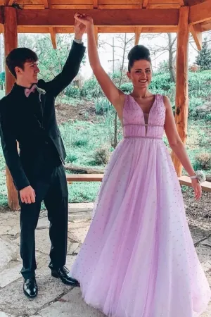 A-line V Neck Sexy Long Lilac Prom Dress OKS20