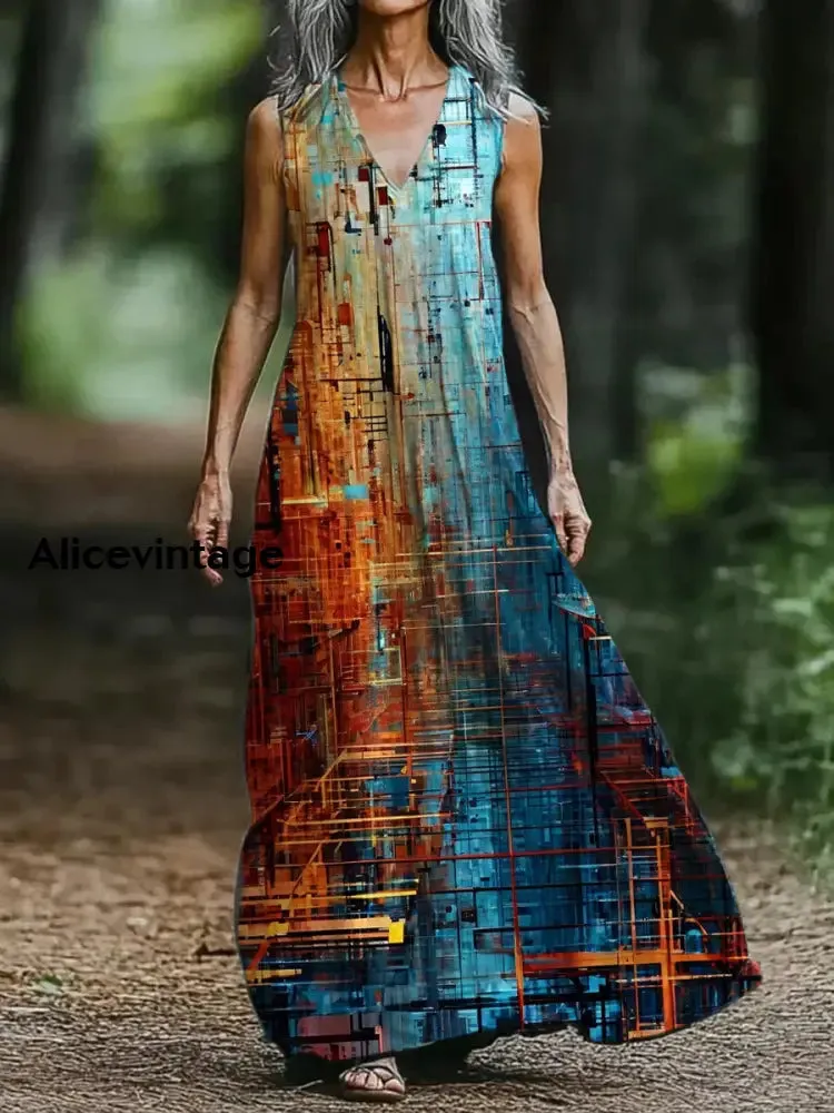Abstract Art Print V-neck Sleeveless Loose Midi Dress
