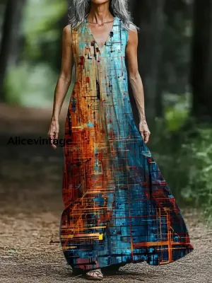 Abstract Art Print V-neck Sleeveless Loose Midi Dress