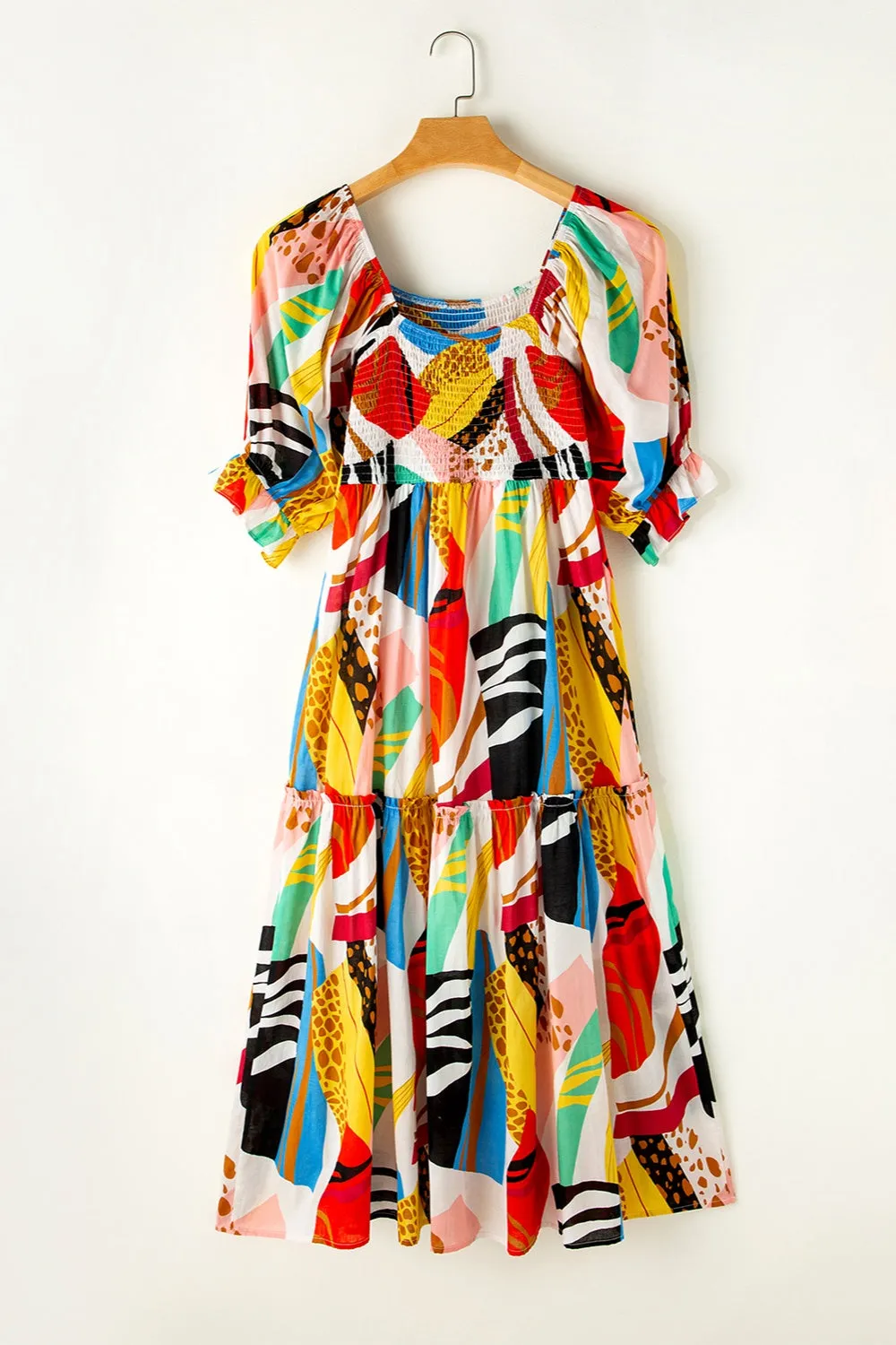 Adrian Printed Square Neck Short Sleeve Midi Dress