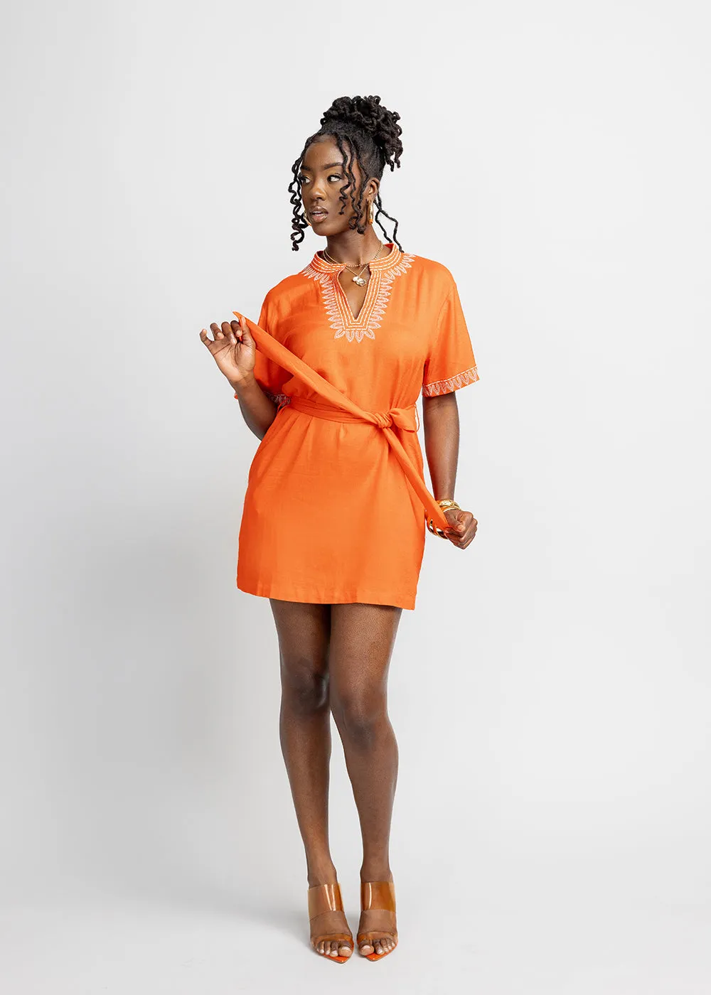 Akeilah Women's African Embroidered Linen Blend Tunic Dress (Deep Coral) - Clearance
