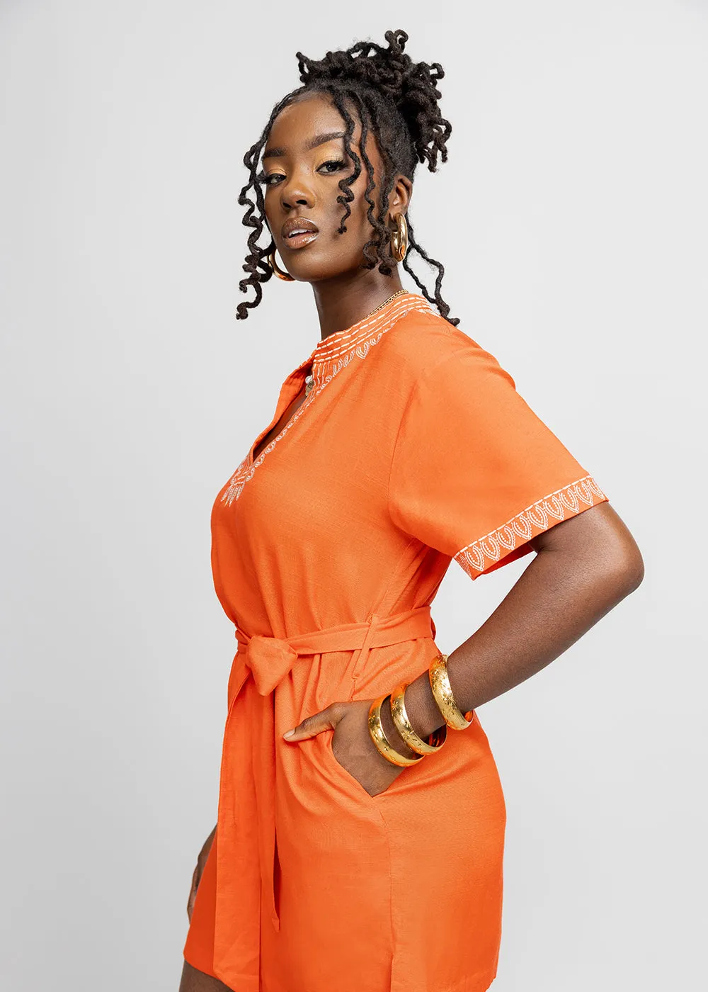 Akeilah Women's African Embroidered Linen Blend Tunic Dress (Deep Coral) - Clearance