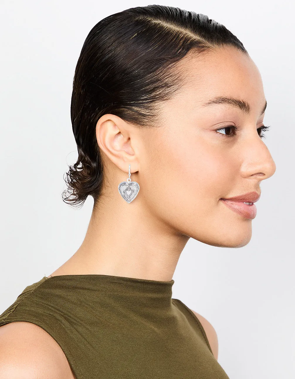 Antique Silver Heart Locket Drop Earrings