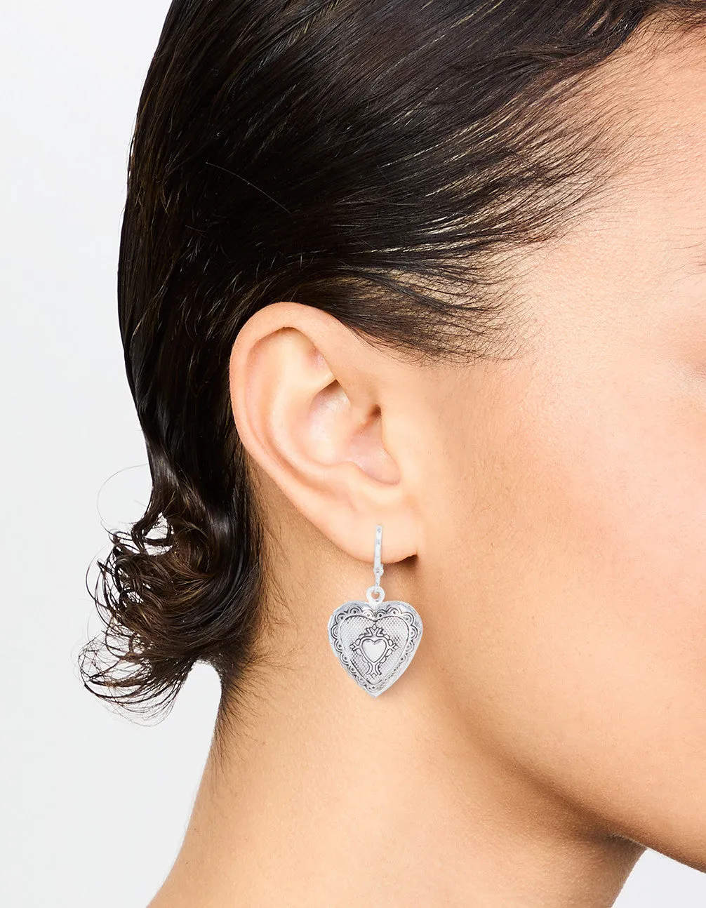 Antique Silver Heart Locket Drop Earrings
