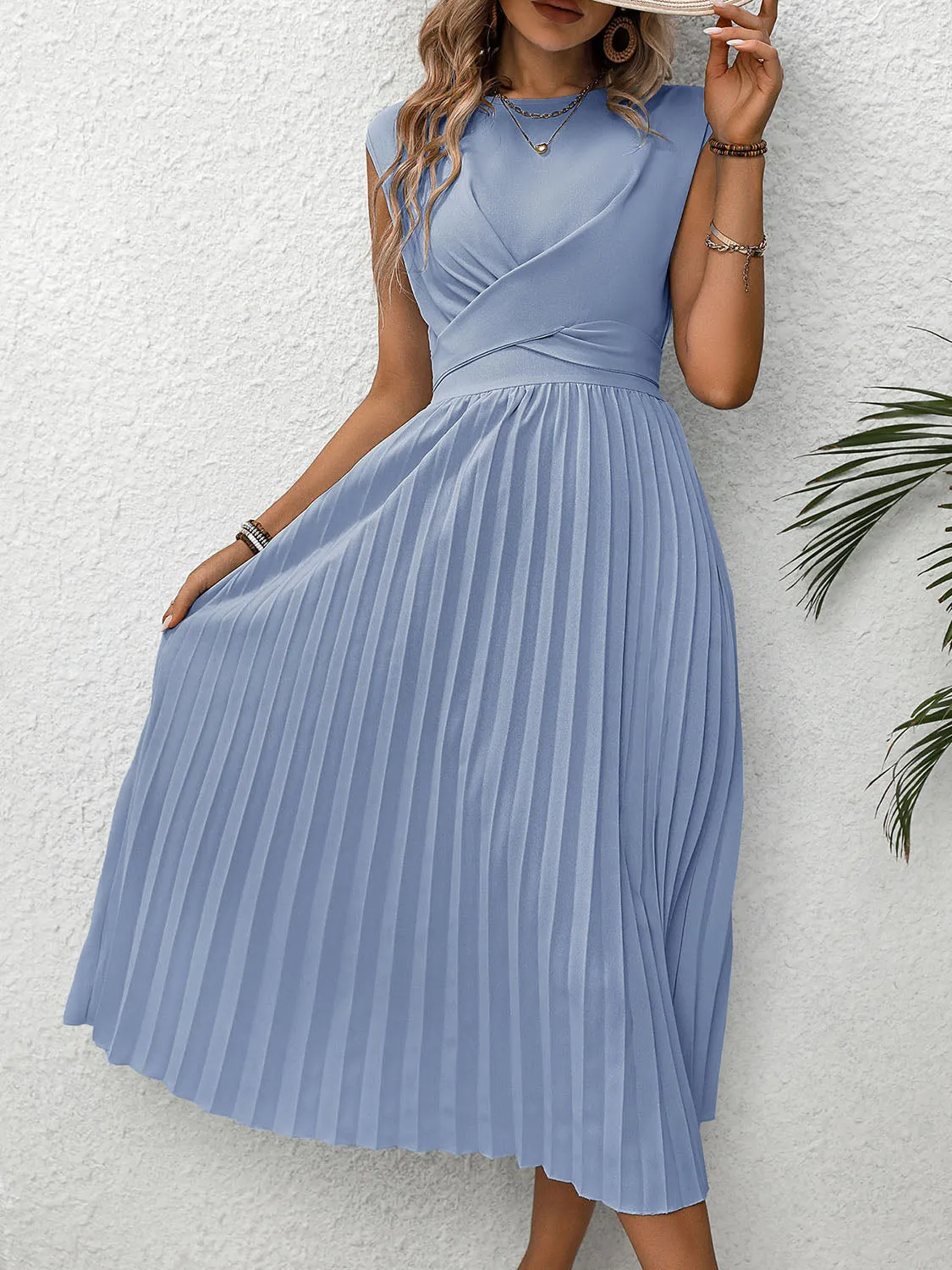 Aria Pleated Round Neck Cap Sleeve Dress