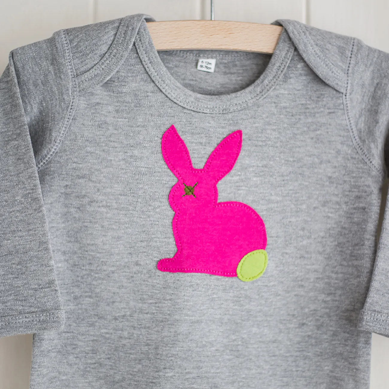 Baby Rabbit Applique Sleepsuit - bright pink on grey melange