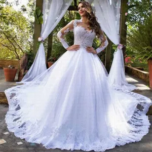 Ball Gown Cathedral Train Long Sleeves Beading Applique Tulle Wedding Dresses