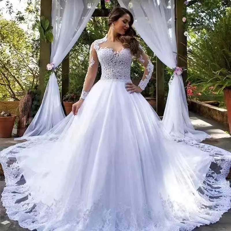 Ball Gown Cathedral Train Long Sleeves Beading Applique Tulle Wedding Dresses