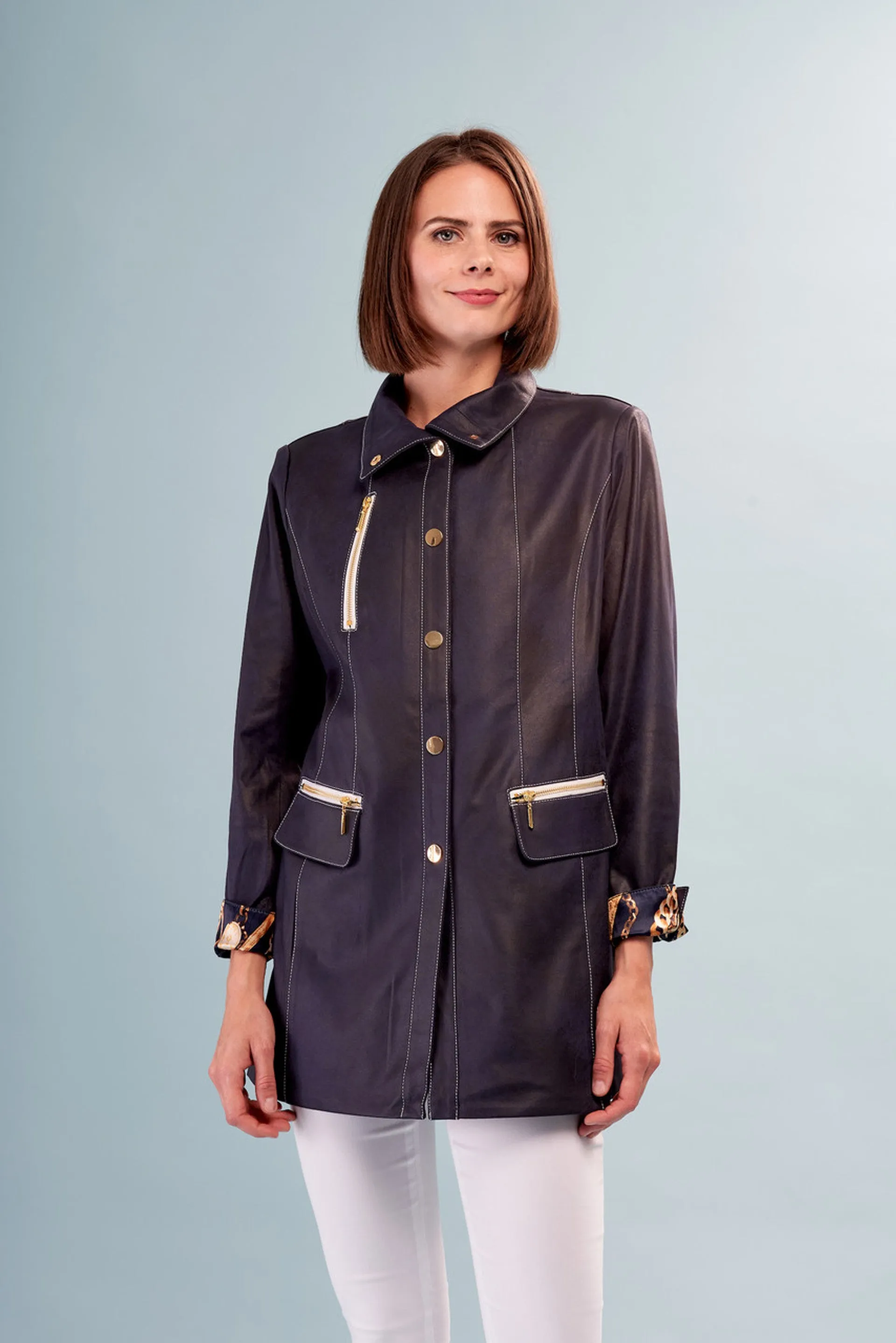 BCJ1826FA Long Vegan Leather Jacket with Zip Pockets.