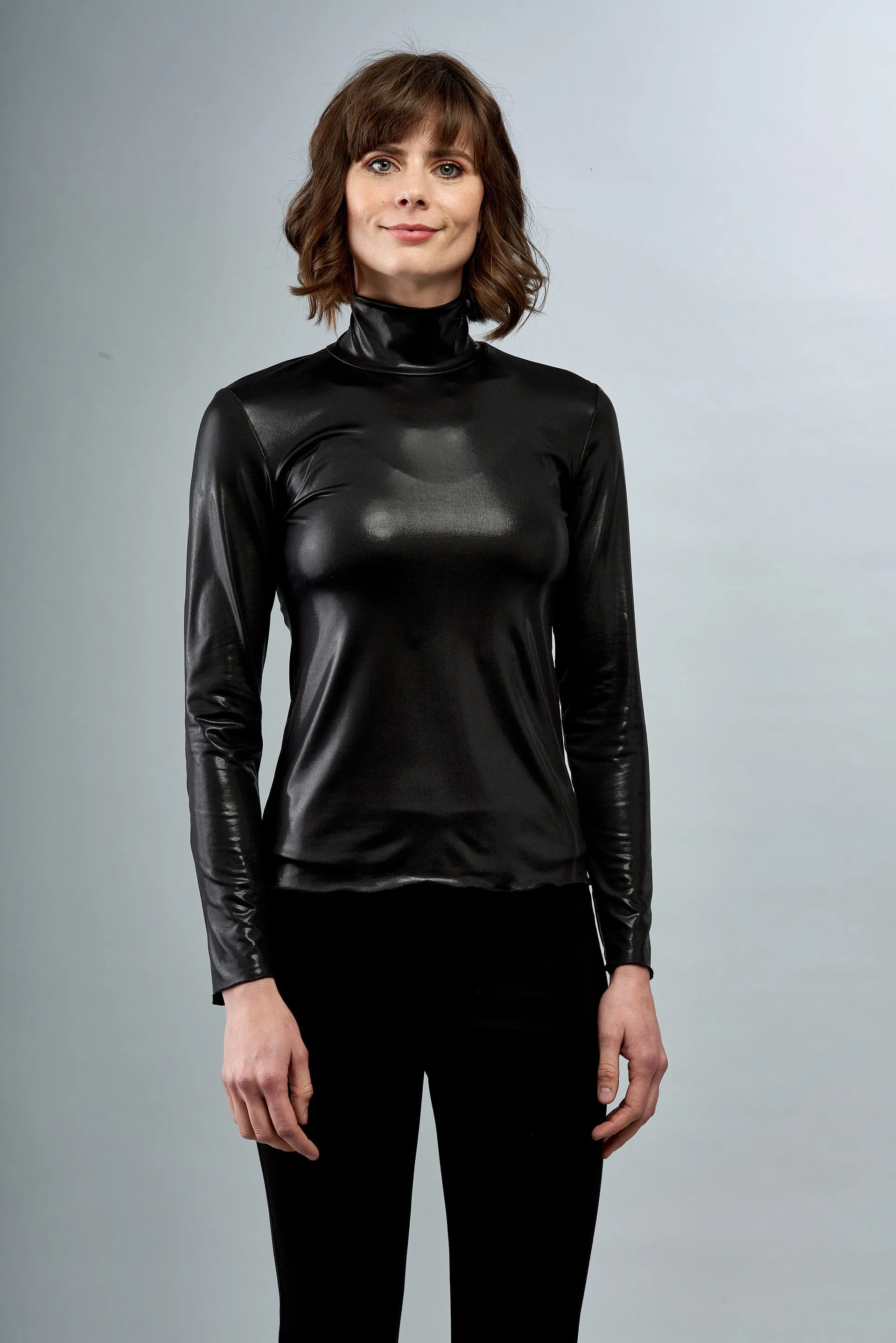 BCT7631A Foiled Mock Neck Long Sleeve Top