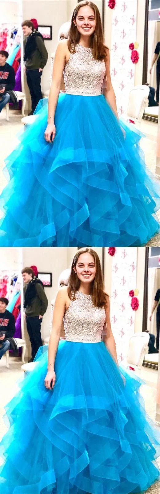 Beads Organza Ruffles Ice Blue Ball Gown Prom Dresses OKE57
