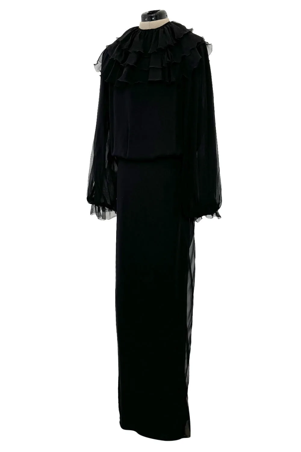 Beautiful 1970s James Galanos Couture Black Silk Chiffon Bias Cut Dress w Removeable Ruffled Collar