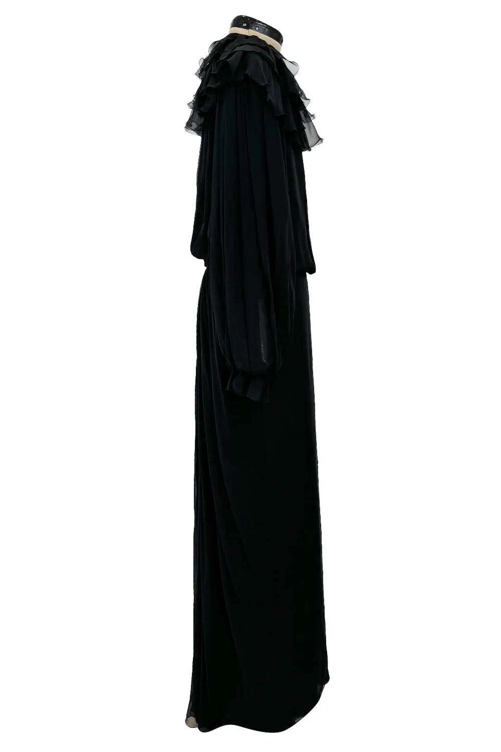 Beautiful 1970s James Galanos Couture Black Silk Chiffon Bias Cut Dress w Removeable Ruffled Collar