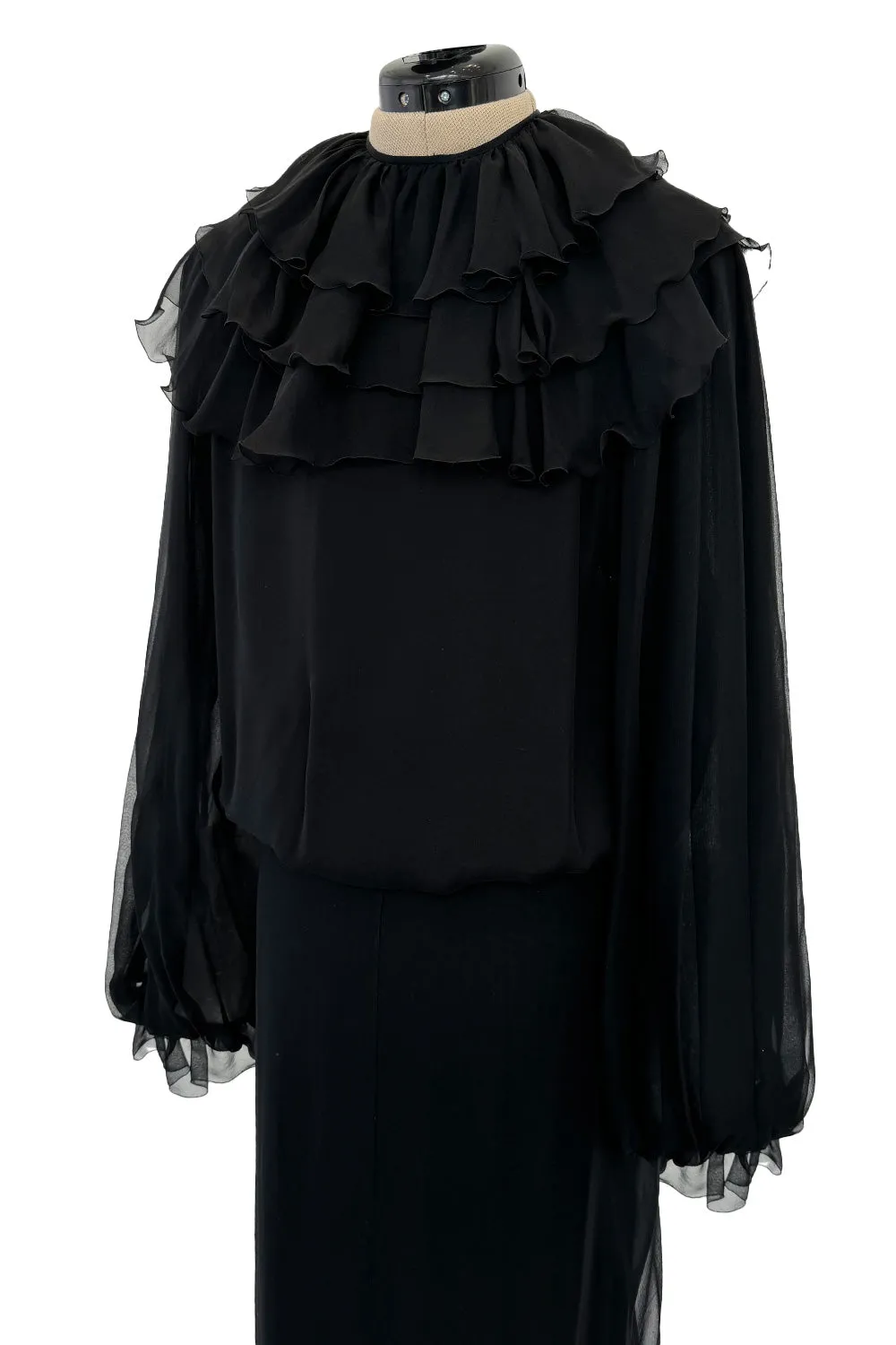 Beautiful 1970s James Galanos Couture Black Silk Chiffon Bias Cut Dress w Removeable Ruffled Collar