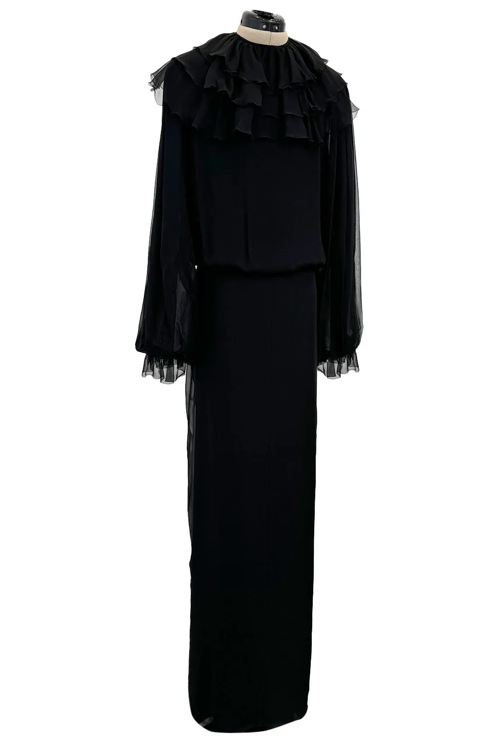 Beautiful 1970s James Galanos Couture Black Silk Chiffon Bias Cut Dress w Removeable Ruffled Collar