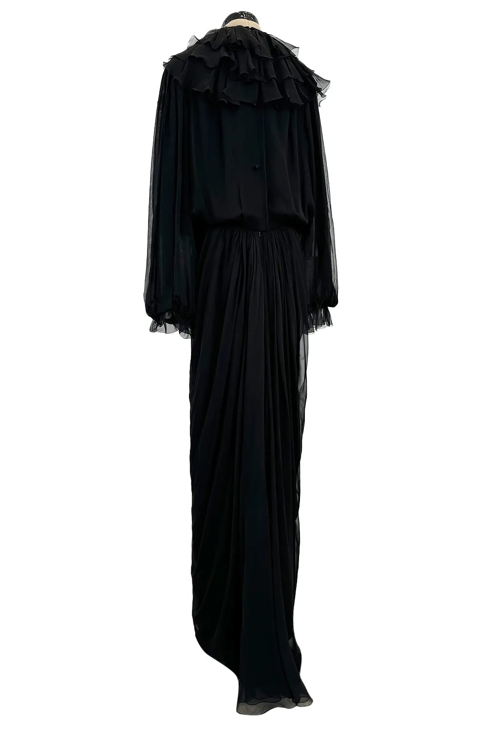 Beautiful 1970s James Galanos Couture Black Silk Chiffon Bias Cut Dress w Removeable Ruffled Collar