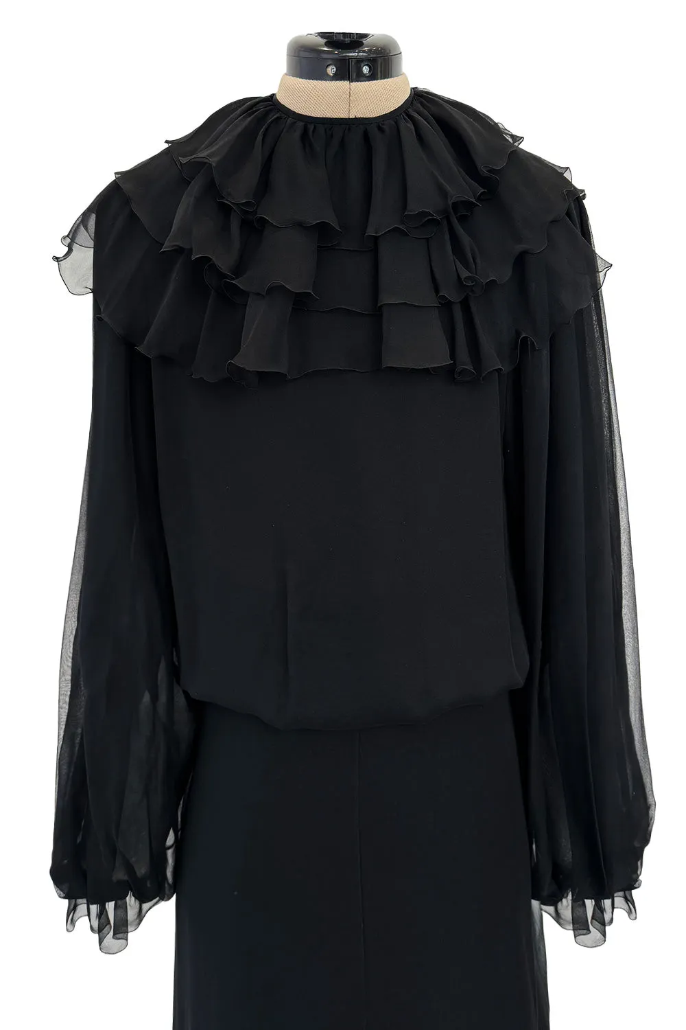 Beautiful 1970s James Galanos Couture Black Silk Chiffon Bias Cut Dress w Removeable Ruffled Collar