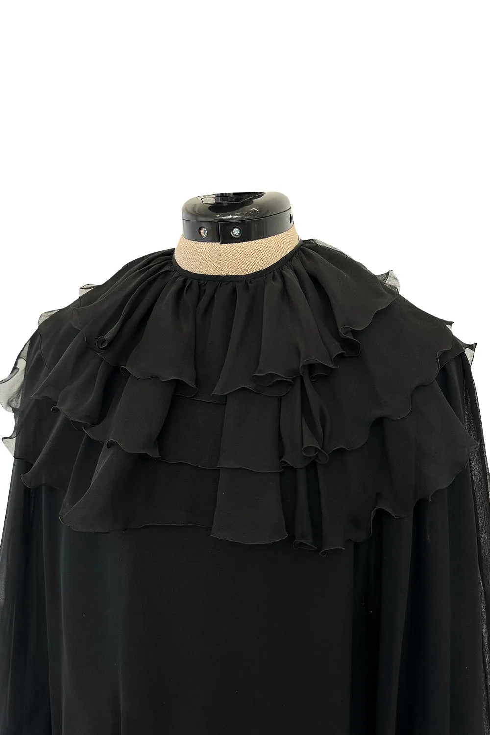 Beautiful 1970s James Galanos Couture Black Silk Chiffon Bias Cut Dress w Removeable Ruffled Collar