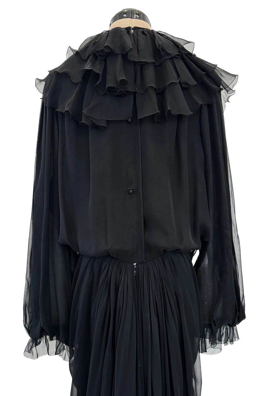 Beautiful 1970s James Galanos Couture Black Silk Chiffon Bias Cut Dress w Removeable Ruffled Collar