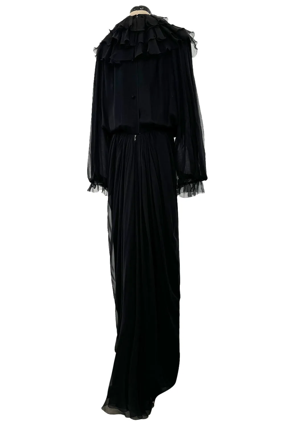 Beautiful 1970s James Galanos Couture Black Silk Chiffon Bias Cut Dress w Removeable Ruffled Collar