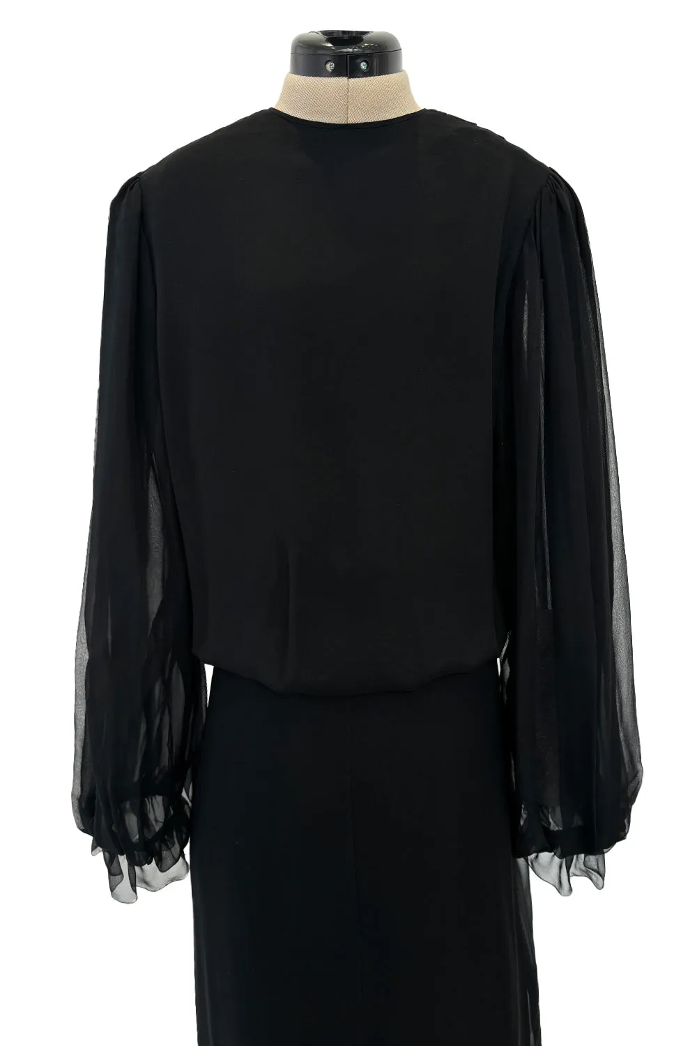 Beautiful 1970s James Galanos Couture Black Silk Chiffon Bias Cut Dress w Removeable Ruffled Collar