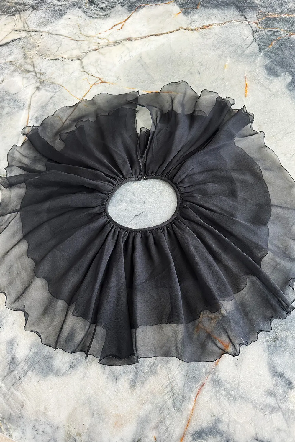 Beautiful 1970s James Galanos Couture Black Silk Chiffon Bias Cut Dress w Removeable Ruffled Collar