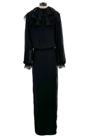 Beautiful 1970s James Galanos Couture Black Silk Chiffon Bias Cut Dress w Removeable Ruffled Collar