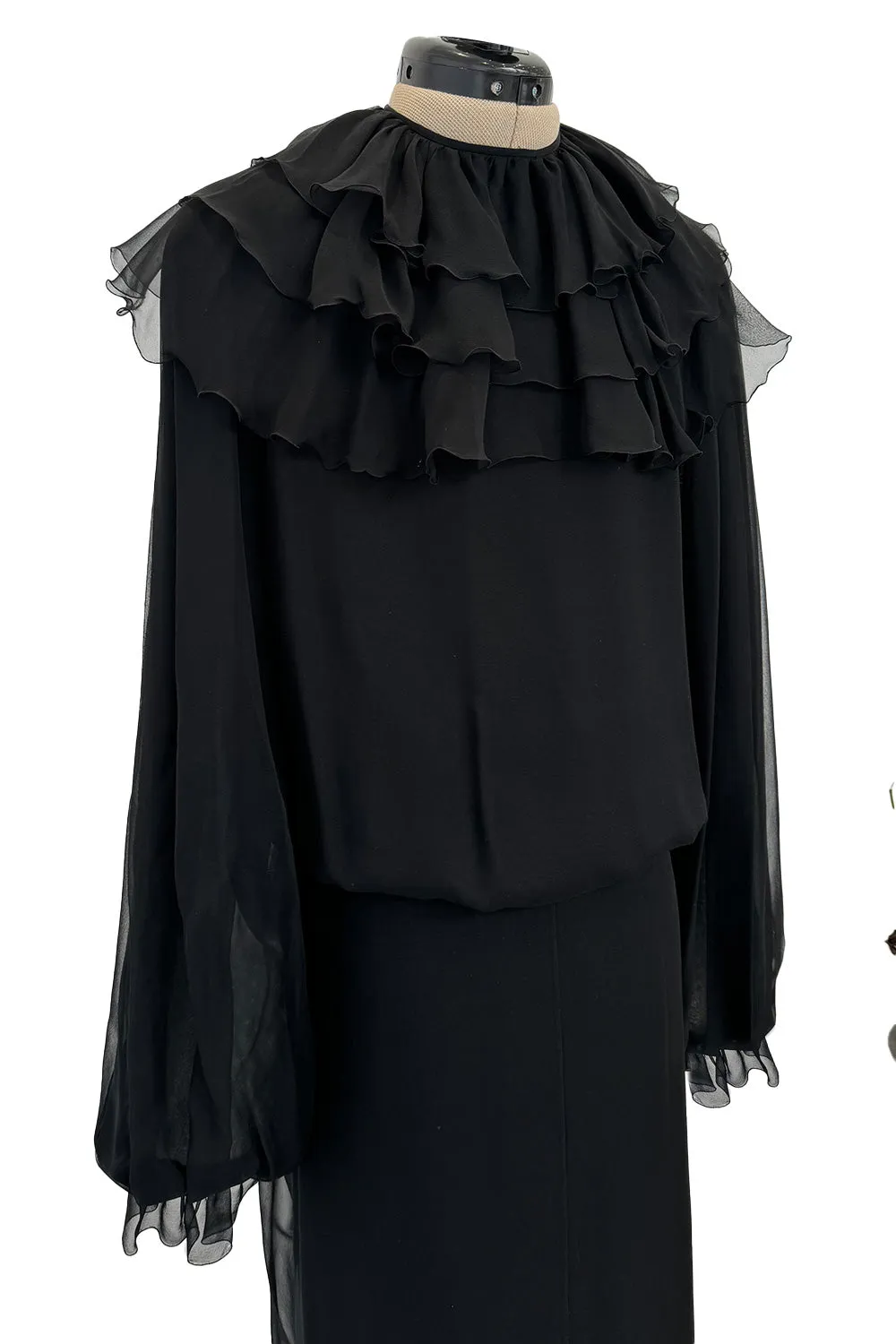 Beautiful 1970s James Galanos Couture Black Silk Chiffon Bias Cut Dress w Removeable Ruffled Collar