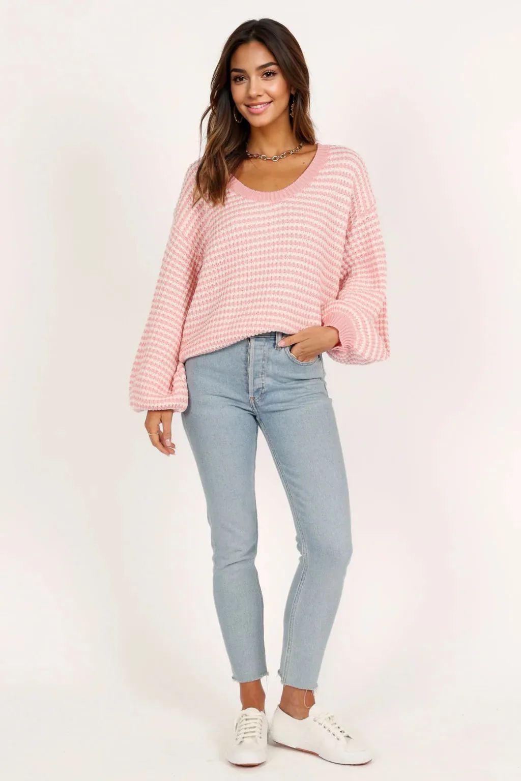 Becca Crewneck Waffle Stitch Stripe Knit Sweater - Pink