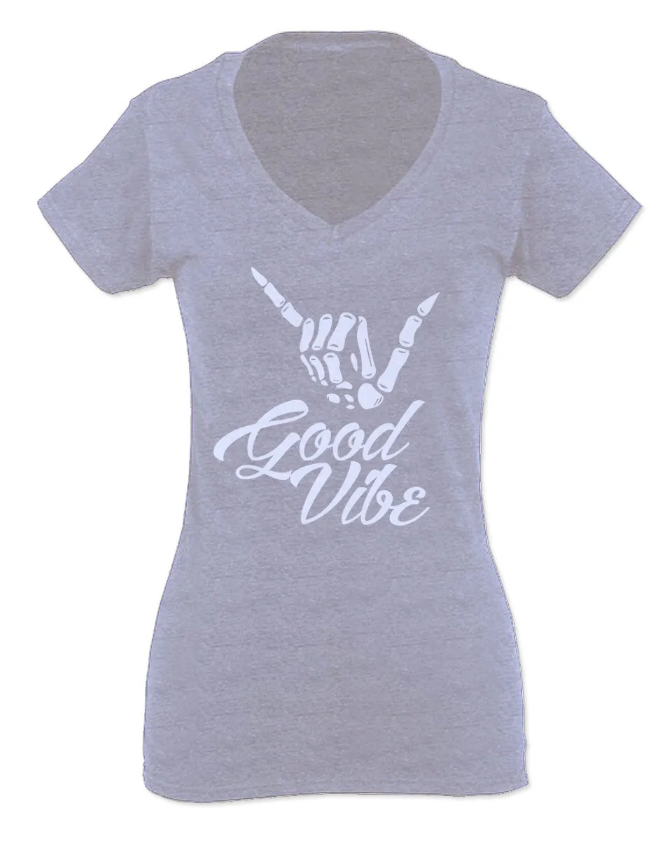 Big Good Vibe Bones Hand Shaka Cool Vintage Hipster Graphic For Women V neck fitted T Shirt